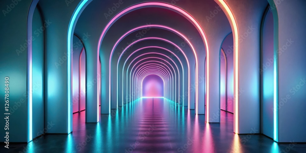 A surreal neon-lit archway corridor leading to an unknown destination with glowing colors and reflective floors. A surreal neon-lit archway corridor leading to an unknown destination with glowing colors and reflective floors.