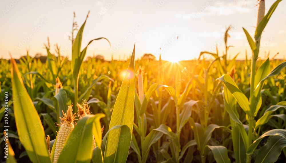 Fototapeta premium Golden hour light illuminating corn stalks in small field, harvest season