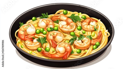 Shrimp pasta in pan, delicious food, appetizing meal, ready to eat photo