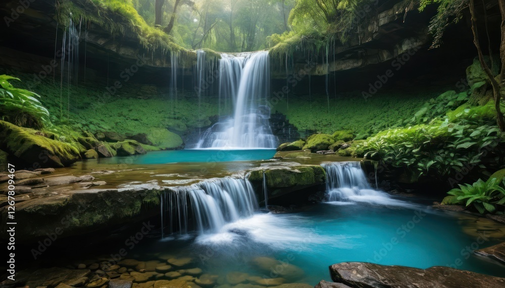 Lush green jungle waterfalls cascade over mossy rocks, a fresh stream flowing through the tropical forest Lush green jungle waterfalls cascade over mossy rocks, a fresh stream flowing through the tropical forest