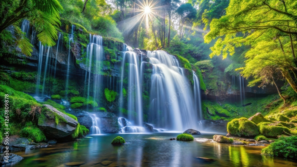 Fototapeta premium Serene Waterfall Cascading Through a Lush, Moss-Covered Forest with Rays of Sunlight Piercing Through the Canopy