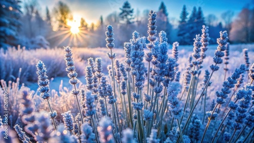 A frosty sunrise casts a golden glow on a field of lavender, each delicate bloom dusted with a layer of ice crystals.