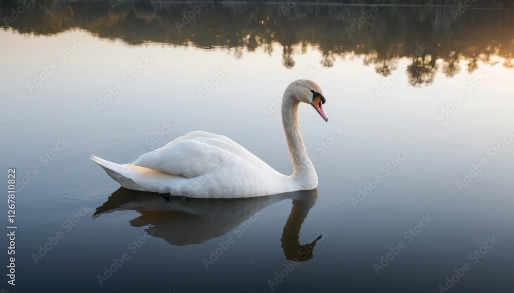 Graceful white swans swim in the lake, their feathers reflecting nature's beauty Graceful white swans swim in the lake, their feathers reflecting nature's beauty
