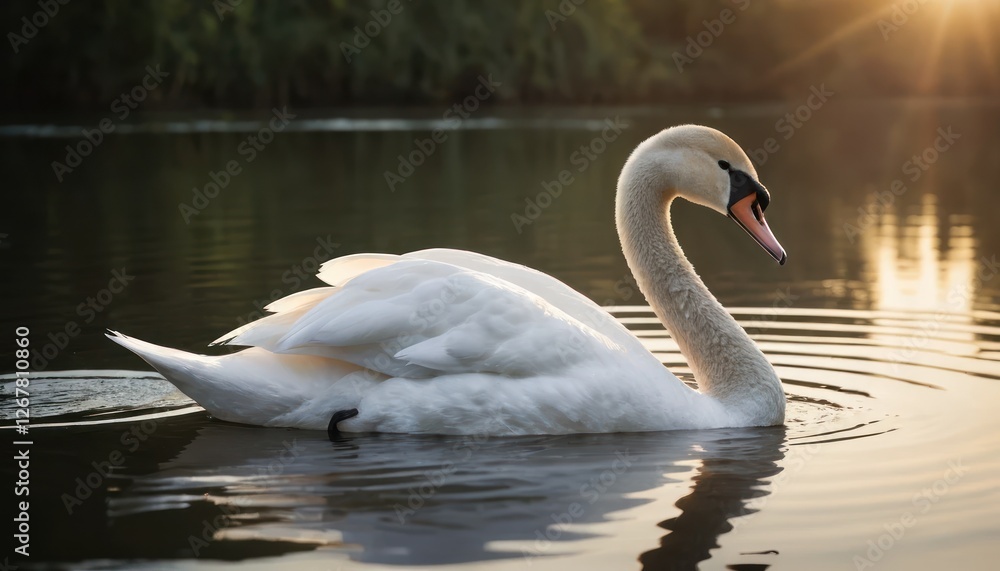 Graceful white swans swim, their reflections a peaceful beauty on the lake's still water Graceful white swans swim, their reflections a peaceful beauty on the lake's still water