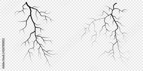 Lightning. Thunder storm realistic lightning. Bright light effects. Lightning bolt set Magic and bright light effects. Set of thunder and lightnings. Lightning energy discharge effect isolated.