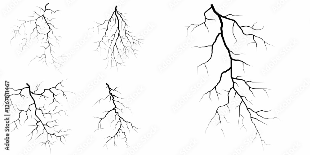 Obraz premium Lightning. Thunder storm realistic lightning. Bright light effects. Lightning bolt set Magic and bright light effects. Set of thunder and lightnings. Lightning energy discharge effect isolated.