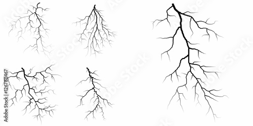 Lightning. Thunder storm realistic lightning. Bright light effects. Lightning bolt set Magic and bright light effects. Set of thunder and lightnings. Lightning energy discharge effect isolated.