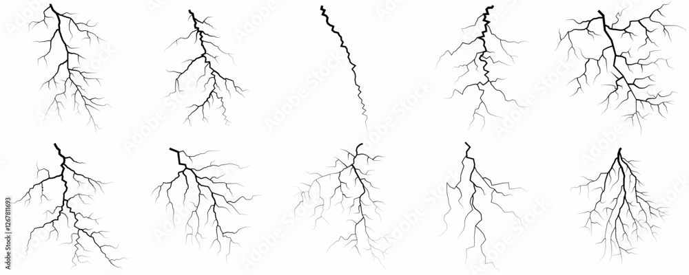 Obraz premium Lightning. Thunder storm realistic lightning. Bright light effects. Lightning bolt set Magic and bright light effects. Set of thunder and lightnings. Lightning energy discharge effect isolated.