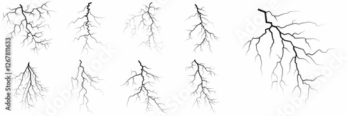 Lightning. Thunder storm realistic lightning. Bright light effects. Lightning bolt set Magic and bright light effects. Set of thunder and lightnings. Lightning energy discharge effect isolated.