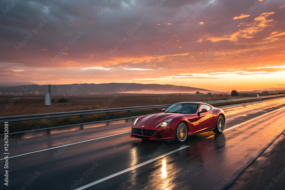 Fototapeta premium Luxury sports car driving on an empty highway at sunrise