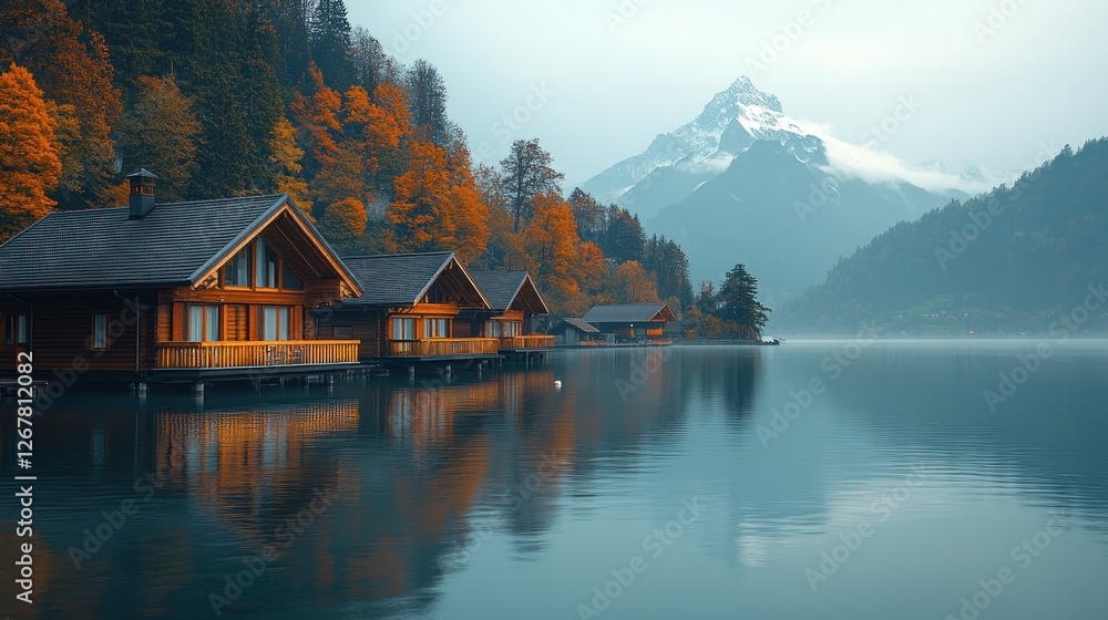 Fototapeta premium Autumn lakefront cabins, misty mountain view