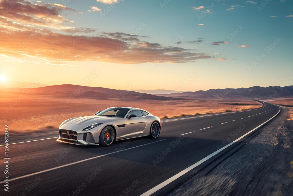 Luxury sports car driving on an empty highway at sunrise Luxury sports car driving on an empty highway at sunrise