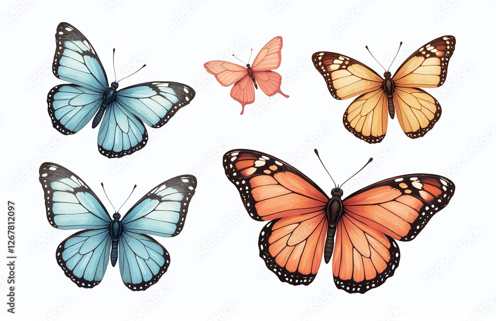 A Set Of Colorful Butterflies Is Isolated Against A Clean White Background Showcasing Their Natural Beauty And Delicate Features Closely. 00002 A Set Of Colorful Butterflies Is Isolated Against A Clean White Background Showcasing Their Natural Beauty And Delicate Features Closely. 00002