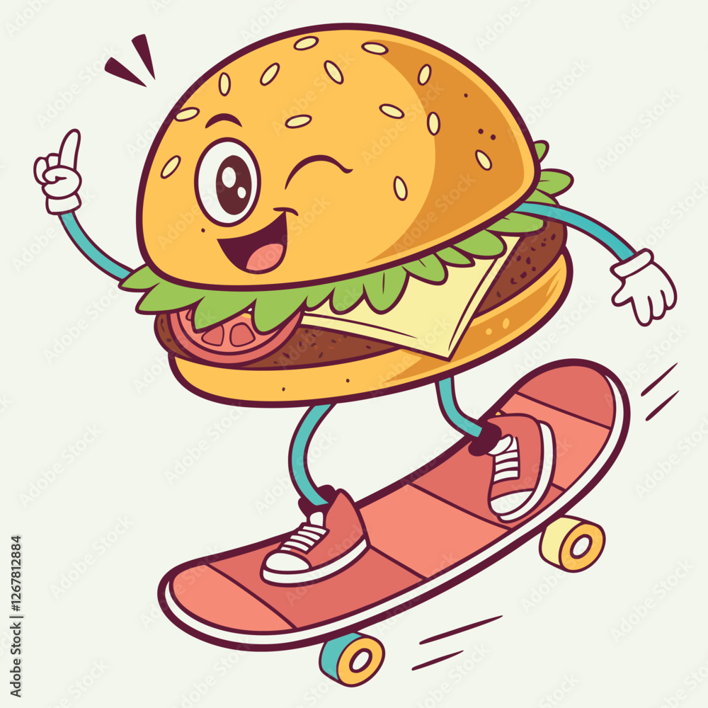 Fun-loving burger character doing tricks on a colorful skateboard.
Fun-loving burger character doing tricks on a colorful skateboard.