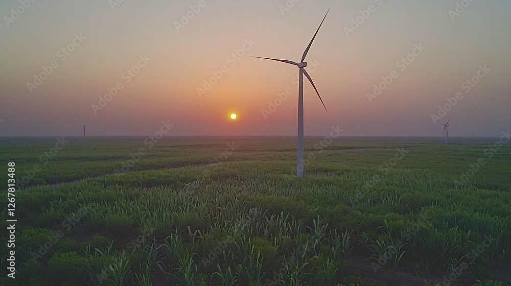 Sunset over wind farm, green field. Renewable energy Sunset over wind farm, green field. Renewable energy