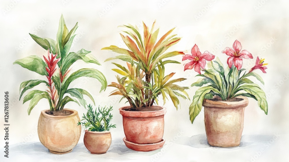 Obraz premium Vibrant Potted Plants Watercolor Painting - Four potted plants, including a bromeliad, a dracaena, and two flowering plants, are arranged in a watercolor painting on a white background
