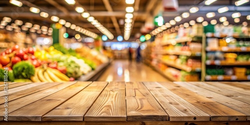 A wooden table top with a blurred background of a supermarket aisle filled with vibrant produce and shelves stocked with diverse goods.