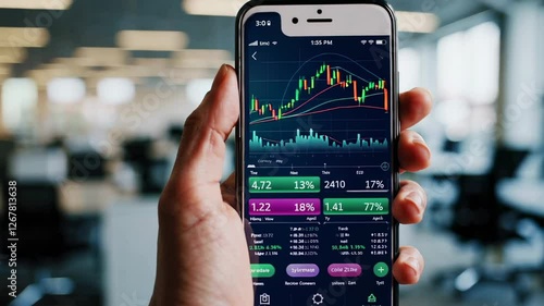 Wallpaper Mural Finance professional analyzes real time stock market data on smartphone, displaying candlestick charts and financial figures in a blurred office environment Torontodigital.ca
