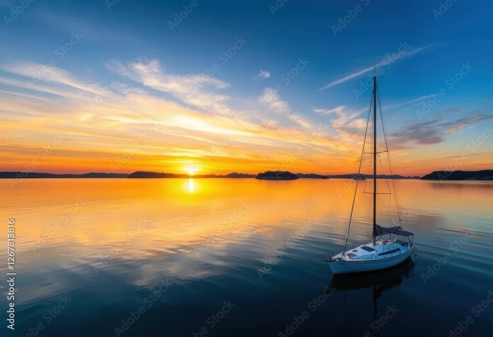 A lone sailboat silhouettes against a vibrant sunset over the calm sea A lone sailboat silhouettes against a vibrant sunset over the calm sea