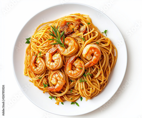 plate of linguini shrimps fresh oignons white background photo