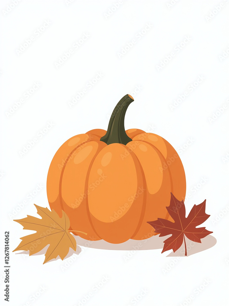 A Single Pumpkin Sits Isolated Against A Plain White Background Surrounded By A Few Real Maple Leaves Of Varying Sizes And Shapes. 00002