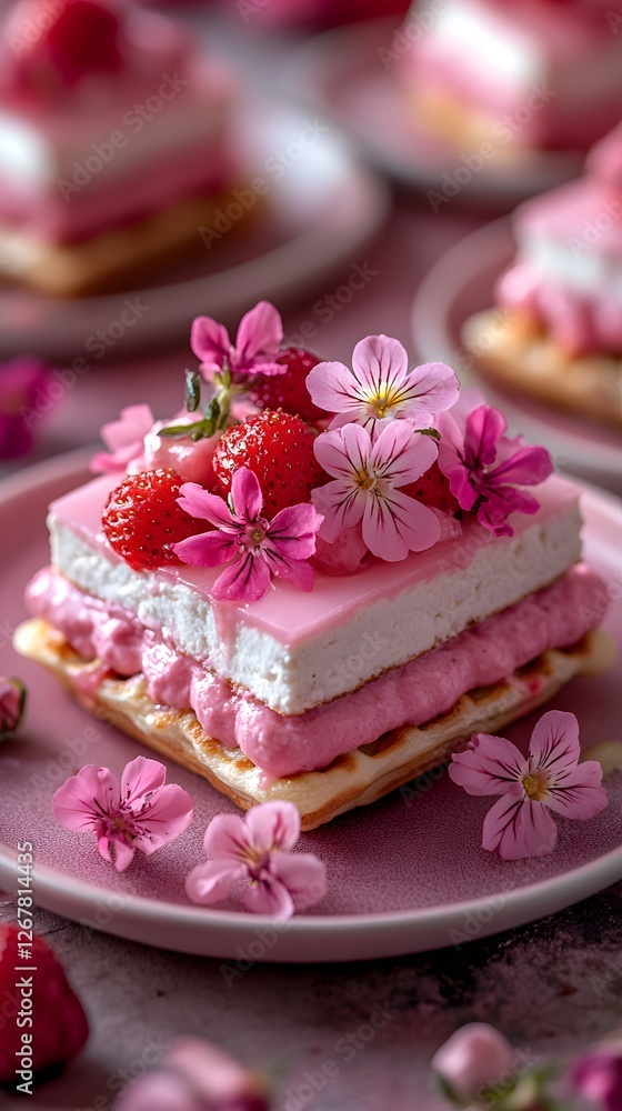 Experience the Sweet Elegance of Monochrome Pink Tofu Strawberry Mini Bites on Waffles Experience the Sweet Elegance of Monochrome Pink Tofu Strawberry Mini Bites on Waffles