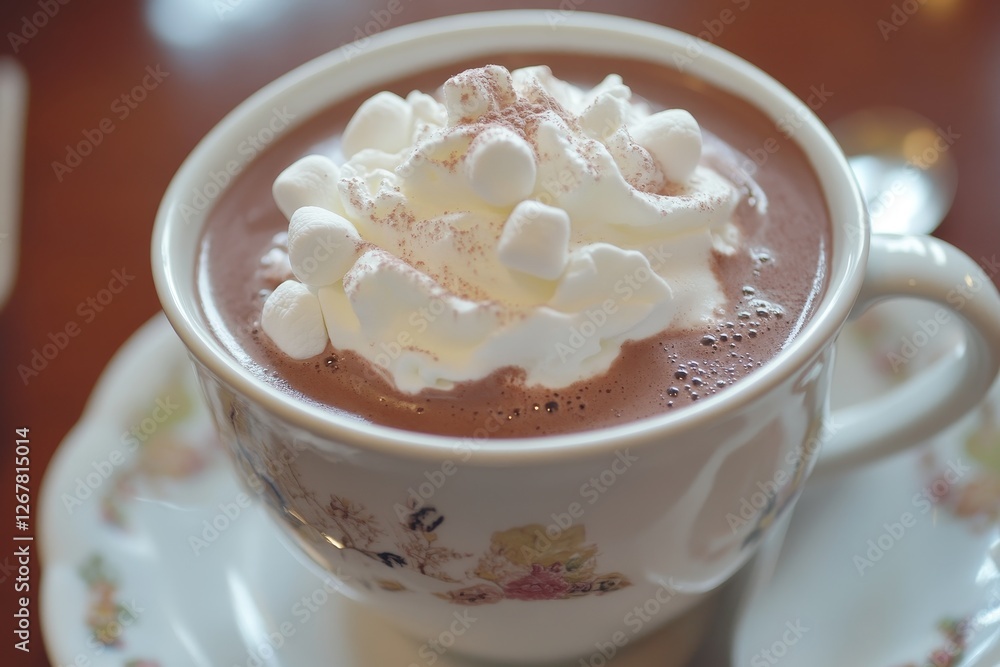 Warm Cocoa Delight - A steaming cup of hot chocolate topped with whipped cream and marshmallows. Perfect winter treat