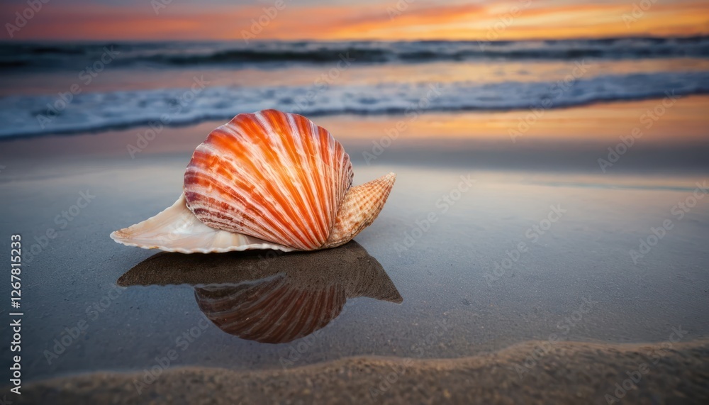 A white seashell rests on the sandy beach by the tropical ocean A white seashell rests on the sandy beach by the tropical ocean