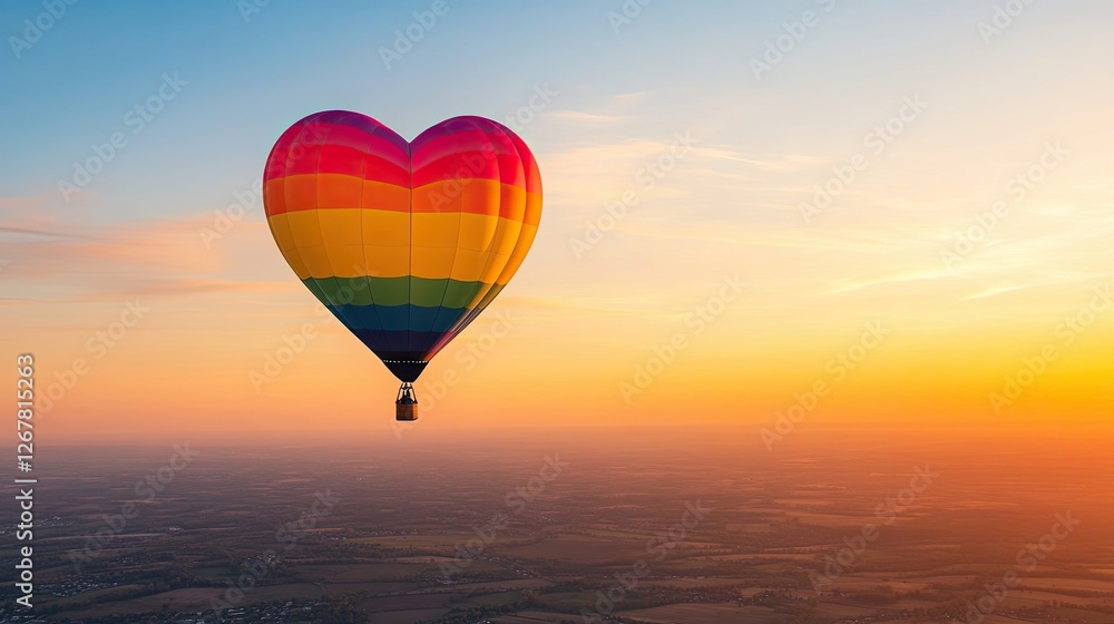 Fototapeta premium Glossy Rainbow Heart , Heart-shaped balloon soaring at sunset sky.