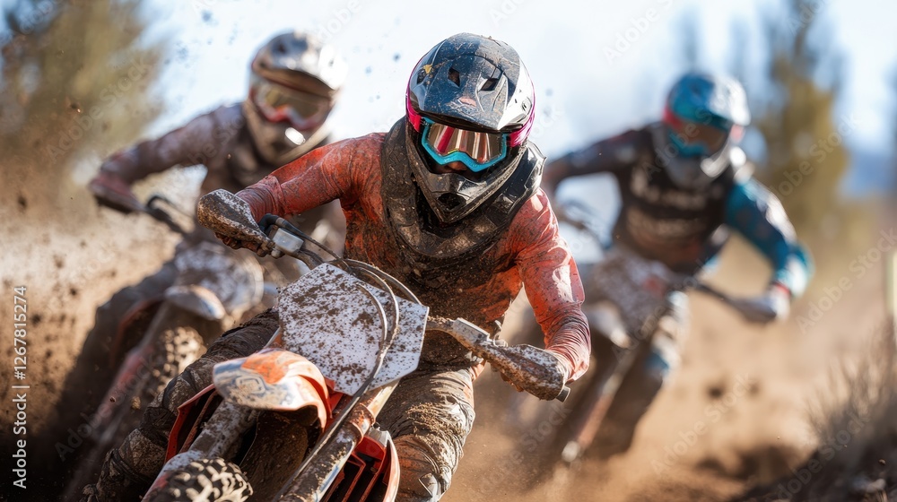 A thrilling capture of motocross racers speeding through muddy terrains filled with flying dirt, showcasing the energy and adrenaline of extreme sports and competition. A thrilling capture of motocross racers speeding through muddy terrains filled with flying dirt, showcasing the energy and adrenaline of extreme sports and competition.