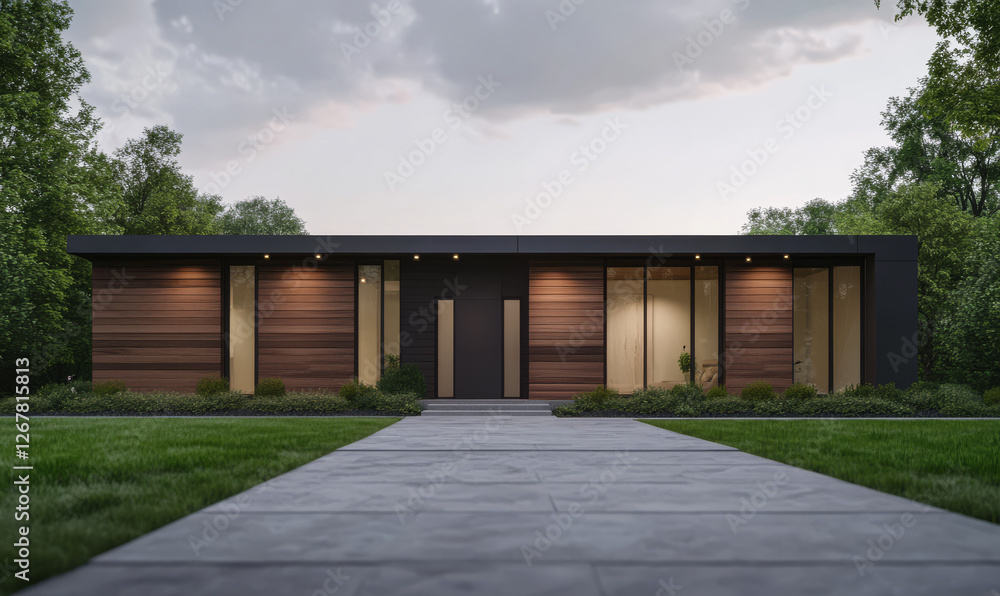Obraz premium Modern house with sleek design and large windows set in a green landscape