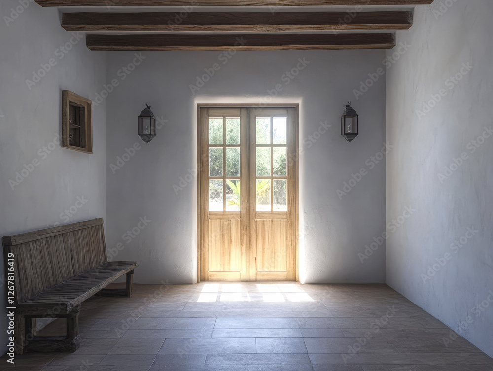 Brightly lit entryway with wooden bench and double doors in a serene setting Brightly lit entryway with wooden bench and double doors in a serene setting