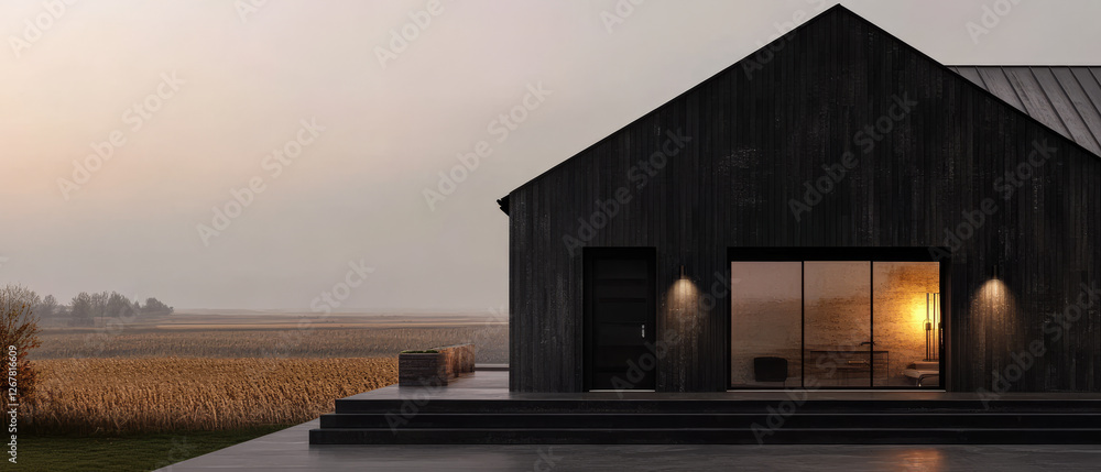 Fototapeta premium Modern black barn house design in rural setting at dusk with warm interior glow