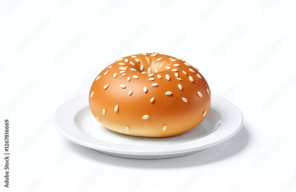 A Small White Plate Holds A Bun With Visible Sesame Seeds In Perfect Isolation Against A Plain White Surface. 00001 A Small White Plate Holds A Bun With Visible Sesame Seeds In Perfect Isolation Against A Plain White Surface. 00001