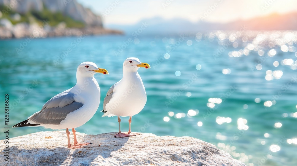 This serene image captures two seagulls standing gracefully on a rock, with sparkling ocean waters and a beautiful sunlit background adding a tranquil ambiance to the scene.
