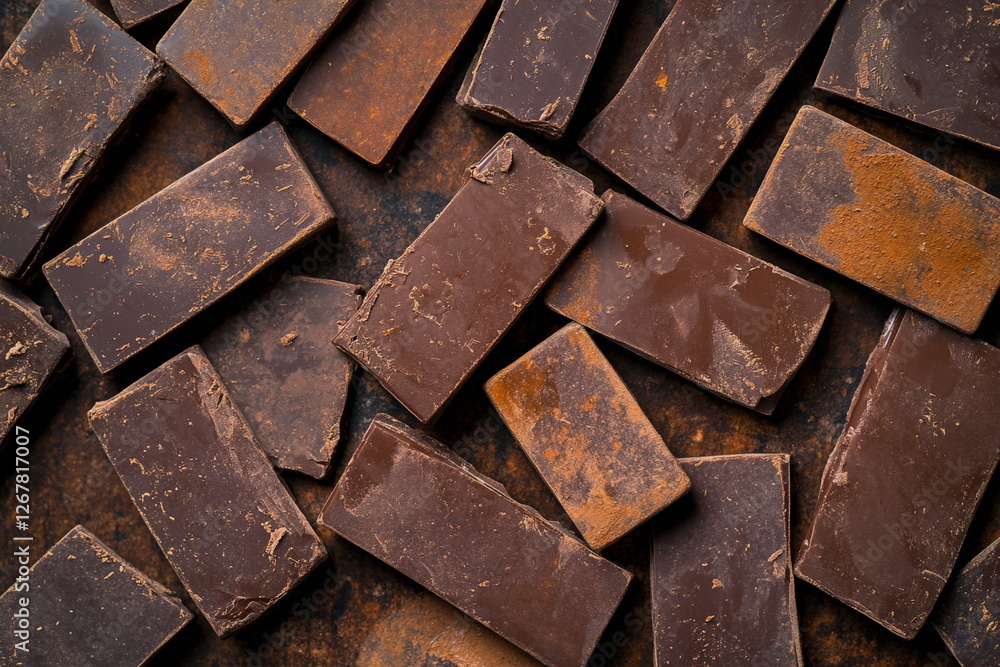Delicious dark chocolate chunks arranged on a velvety, brown backdrop, highlighting the rich texture and gloss of the chocolate, ideal for capturing indulgent food moments.
Delicious dark chocolate chunks arranged on a velvety, brown backdrop, highlighting the rich texture and gloss of the chocolate, ideal for capturing indulgent food moments.