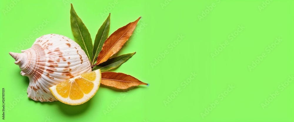 Obraz premium Bahamas Seasonal Transition: Seashell, Lemon Slice, and Autumn Leaves on Vibrant Green Background for Travel Blogs, Summer-to-Fall Designs, and Tropical Wellness Promotions