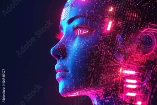 Woman: Circuitry and Light - Close-up profile of a woman's face, digitally with glowing pink and blue circuit patterns overlayed. Futuristic and technological