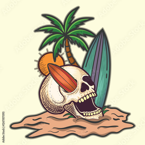 Summer surfing boad and skull island illustration design