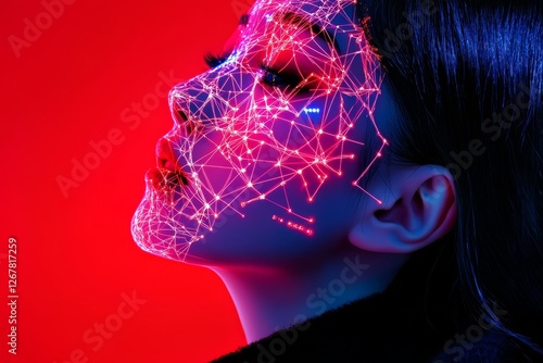 Woman Portrait - Close-up profile of a woman's face with a glowing network overlay, set against a red background