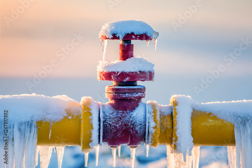 Frozen yellow gas pipeline with red valve