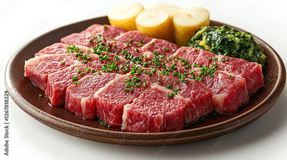 Freshly sliced marbled beef on a plate. Freshly sliced marbled beef on a plate.