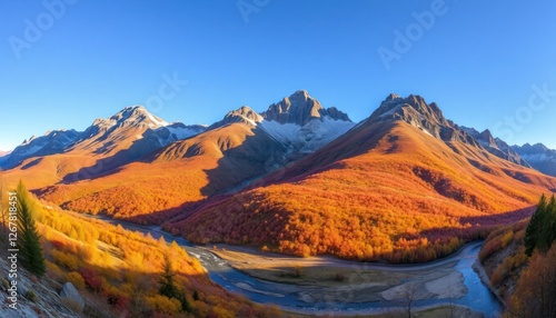 Fototapeta Naklejka Na Ścianę i Meble -  Autumn paints the mountain landscape with vibrant colors under a vast sky