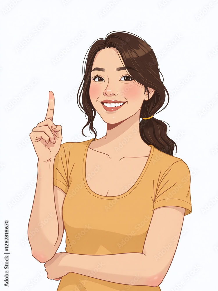 A Smiling Woman Holds A Single Digit Aloft With Her Index Finger, Standing Alone Against A Pure White Background. 00002 A Smiling Woman Holds A Single Digit Aloft With Her Index Finger, Standing Alone Against A Pure White Background. 00002