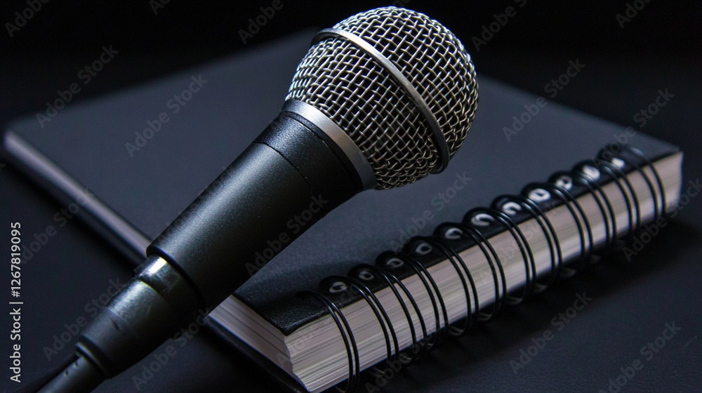 Obraz premium A close-up of a professional microphone and notebook, symbolizing pronunciation practice in a language course.