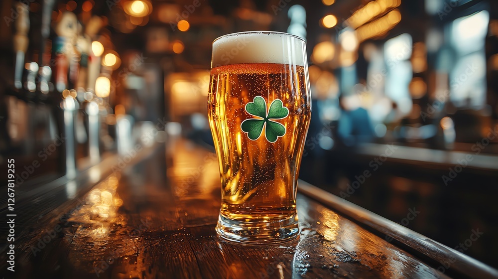 Glass of beer with clover in a vibrant pub. Glass of beer with clover in a vibrant pub.