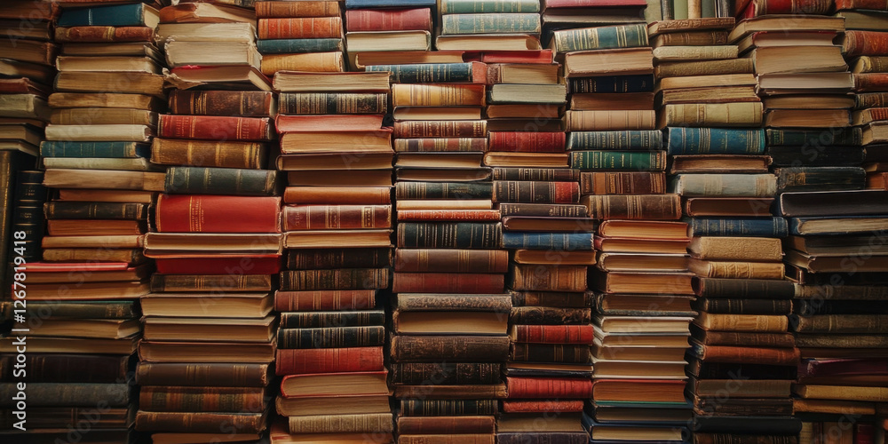 A wall is filled with neatly stacked books, showcasing an extensive collection organized by size and color, inviting readers to explore A wall is filled with neatly stacked books, showcasing an extensive collection organized by size and color, inviting readers to explore