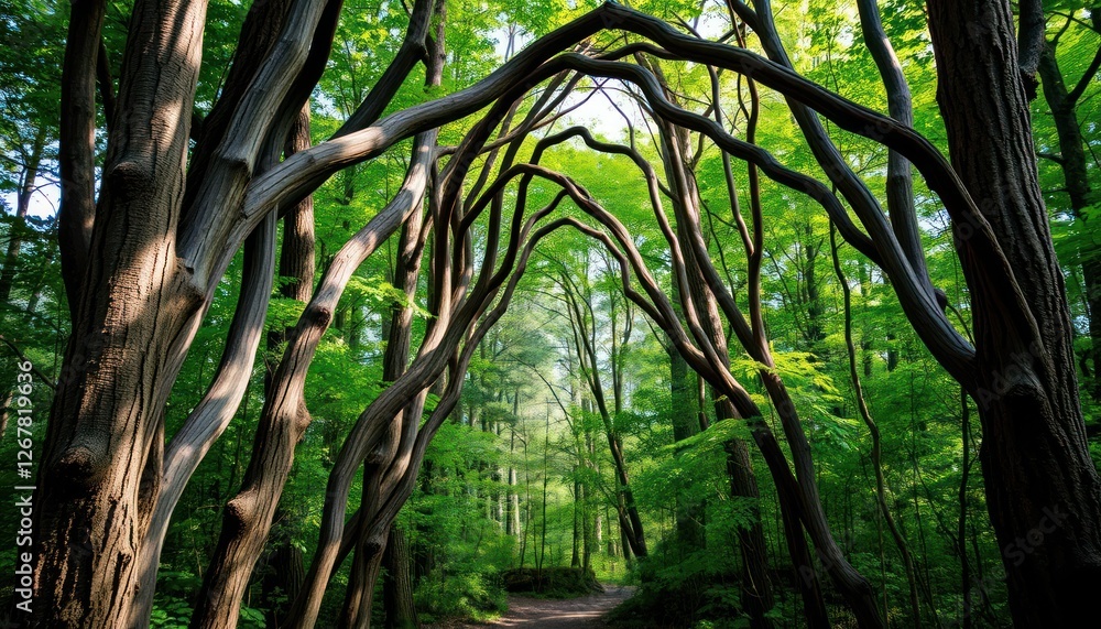 Fototapeta premium Sunlight filters through the green leaves of the forest trees