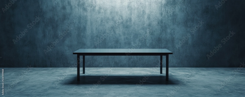 A minimalist room featuring a simple table in dramatic lighting. A minimalist room featuring a simple table in dramatic lighting.