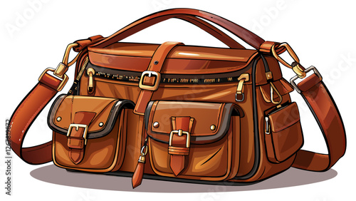 Women's brown leather shoulder bag with zippers and pockets, product photo on a white background	
